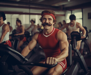 An image from the 1980s depicts a joyous, mustached man training at the gym, evoking a retro atmosphere. Captured in ultra-realistic 8K resolution, it exudes nostalgia with its natural lighting.