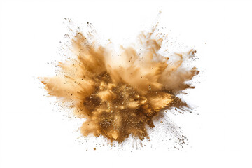 Isolated explosion of brown powder on white background