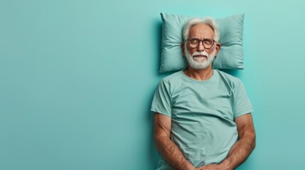 Elderly man sleeping on pillow isolated on pastel blue colored background Sleep deeply peacefully rest. Top above high angle view photo portrait of satisfied .senior wear blue shirt - obrazy, fototapety, plakaty