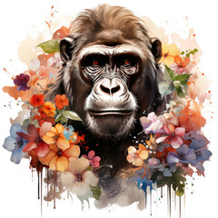 watercolor Gorilla Flowers clipart, Generative Ai