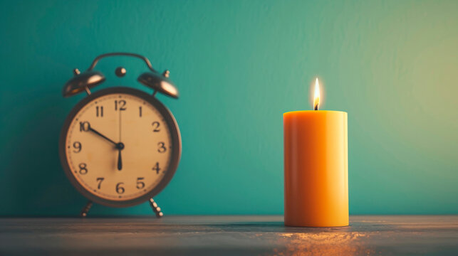 a minimalist portrayal of a candle burning at both ends placed beside a clock