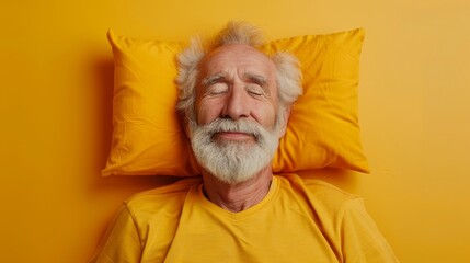 Elderly man sleeping on pillow isolated on pastel yellow colored background Sleep deeply peacefully rest. Top above high angle view photo portrait of satisfied .senior wear yellow shirt - obrazy, fototapety, plakaty