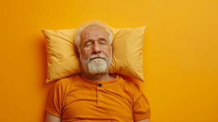 Elderly man sleeping on pillow isolated on pastel yellow colored background Sleep deeply peacefully...