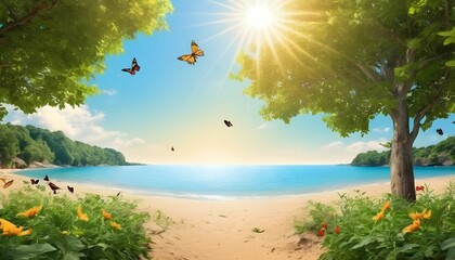 Fototapeta na wymiar Happy summer season background with having garden full of trees butterflies and birds along with bight sun and clear sky and behind all of them a hustling and beautiful beach