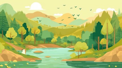 Fototapeta na wymiar A picturesque illustration of a tranquil river flowing through a vibrant valley with lush trees and distant hills under a soft sky with flying birds.