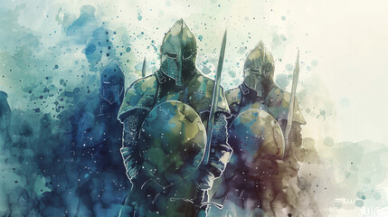 A dynamic watercolor painting featuring a group of people in armor, skillfully sketched and detailed, proudly holding shields and swords - obrazy, fototapety, plakaty