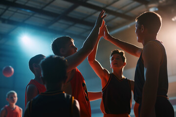 Boys in Basketball Team Doing High Five After Scoring Points in March. Teenage Basketball Players Play League Competition Game