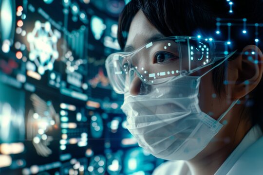 A scientist analyzing vast amounts of medical data using AI algorithms to discover new treatments and cures