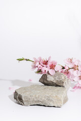 Podium or pedestal from nature stone decorated with cherry blossom twigs. Cosmetic mock up
