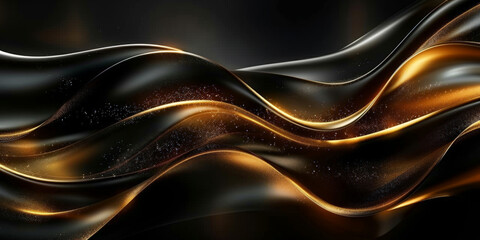 Black background with golden waves, elegant, luxury, metallic, 3d golden wave silk satin background. Abstract luxury swirling black gold background. Gold waves abstract background texture.banner