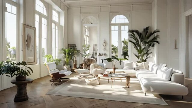 Luxury living room interior design with white sofa, armchair, coffee table and plants.
