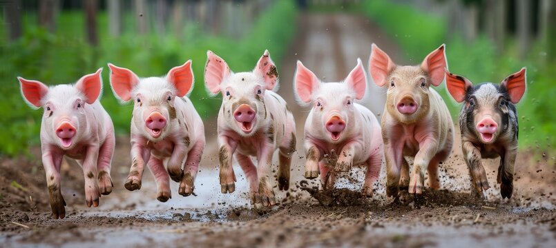 Joyful piglets happily frolicking in a muddy puddle, displaying high energy and enthusiasm