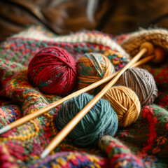 A closeup shot of woolen balls of yarn and wooden knitting needles arranged on a blanket, showcasing the creative art of textile crafting  - 763955391