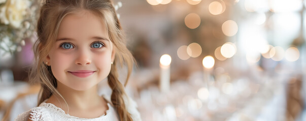 Beautiful young girl in white dress in restaurant celebrating her First  Holy Communion. Banner with copyspace. Shallow depth of field.