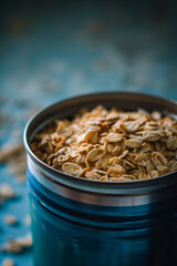 A close-up of golden oats filled to the brim in a blue tin container. The focus on the oats, with a blurred background, highlights their natural beauty and potential as a healthy food ingredient - 763955539