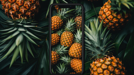 In the banner, a cell phone is framed by ananas, pineapple and foliage, emphasizing the clash between modern technology and the natural world.  - 763955759