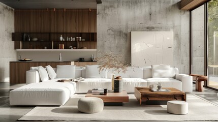 Loft interior design of modern living room, home. Studio apartment with white sofa against concrete wall.