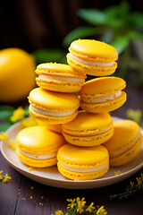 Yellow macarons, artistically placed on a dark plate, surrounded by fresh raspberries, slices of mango, and mint leaves. Perfect for culinary presentations, food blogs or dessert menus