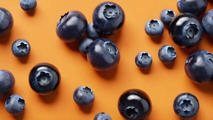 blueberries in motion on an orange background. splashes of juice. Juice ads, frozen traffic