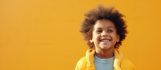 Capture of a close-up moment showing a happy young child wearing a bright yellow jacket with a...