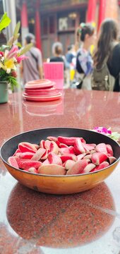 26-7-2023-Jiaobei or moon block, or called poe by Taiwanese. Poe divination is one of the most common methods used in the Chinese folk religion,Longshan Temple ,Wanhua District of Taipei Taiwan.