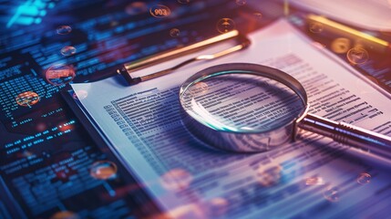 A detailed IT Security Risk Assessment concept depicted with a magnifying glass focused on a document within an abstract technological atmosphere, symbolizing scrutiny and protection.