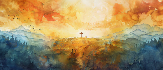 A modern art painting featuring a cross on a hill, created with acrylic and watercolor paints, showcasing the artist's skill in drawing and visual arts