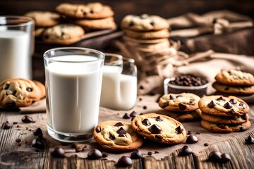 Glass of milk and chocolate chip cookies on a wooden table 