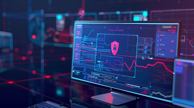 Intrusion Detection Systems (IDS) concept, showcasing abstract data dashboards with graphs, live network traffic analysis, and security alerts on multiple computer screens.