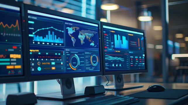 Computer monitor displaying an abstract network monitoring dashboard with real-time data analytics, graphs, and system health indicators.