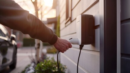 Man is using an electric charger on the wall