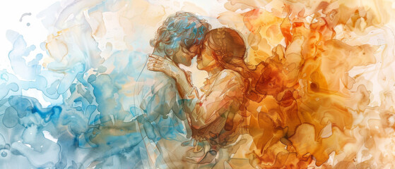 A modern abstract painting capturing a couple's intimate moment through bold strokes of acrylic and watercolor paint