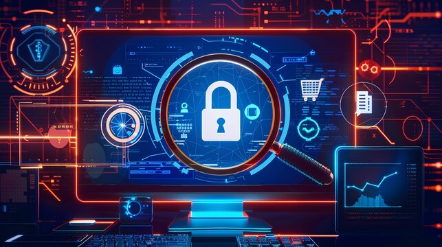 Endpoint Detection and Response (EDR) concept, featuring a padlock symbol within a high-tech, cybersecurity-inspired environment, suggesting data protection and network security.