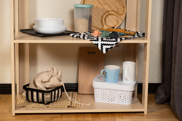 Modern kitchen wooden shelf and kitchenware