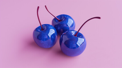 Three blue cherries on pink surface