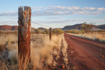 Rustic fence and outback road under blue sky with fluffy clouds