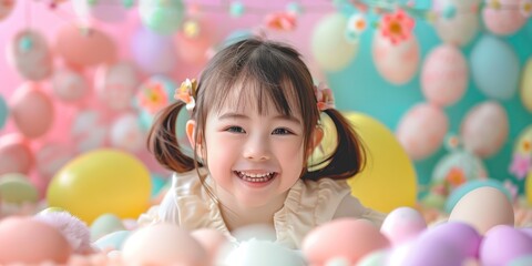 Fototapeta na wymiar little girl in easter wonderland, joy, happy, pastel colors, minimal style,