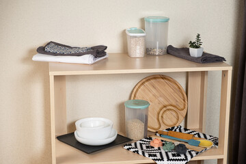 Modern kitchen wooden shelf and kitchenware