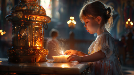 Little girl sitting at table with lit candle