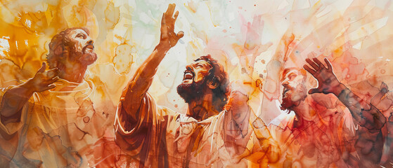 This vivid watercolor captures a trio of men singing with fervor, their emotions echoed in the artwork's warm tones - obrazy, fototapety, plakaty