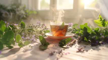 Steaming cup of herbal tea on table - obrazy, fototapety, plakaty