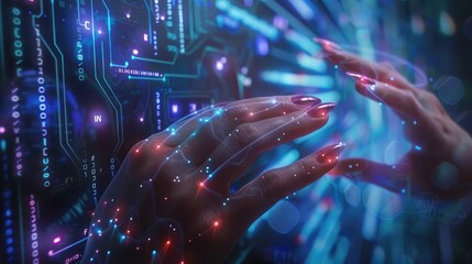 Woman's hand making contact The digital revolution and metaverse world are concepts for the next generation of technology., technology background