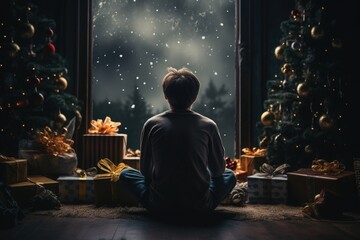 a teenager sits on a dirty floor and is sad. stress and depression. lonely child is restructured. Christmas and New Year