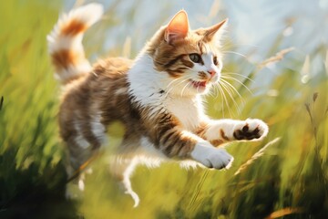 Obraz premium red cat playing around and running through backyard. kitten jumping in the grass. pet on a walk