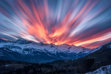 Foto op Plexiglas Magisches Alpenglühen: Langzeitbelichtung eines Sonnenuntergangs bzw. Sonnenaufgangs in den Alpen / Bergen © Seegraphie