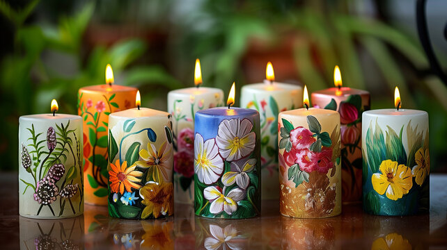 Group of colorful candles on table
