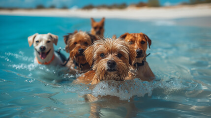 Group of dogs swimming in the sea on a sunny day. Selective focus.