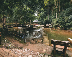 Fototapeta na wymiar Small stream mossy garden near the Kelam Cave in Perlis, Malaysia.