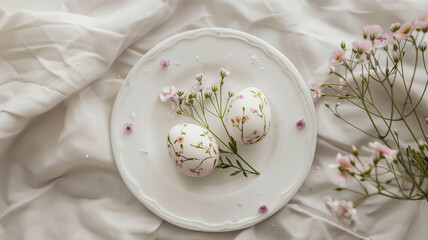 White plate with three eggs covered in flowers