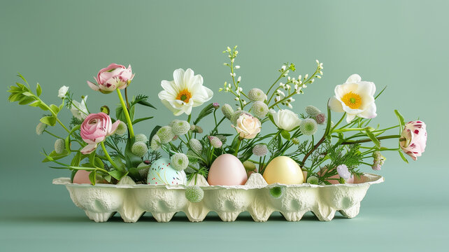 Egg carton filled with flowers and eggs